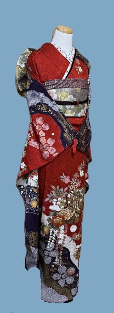 振袖１　御所車に絞り柄振袖と帯のセット　やまと　赤・紺　身丈１６５裄６９