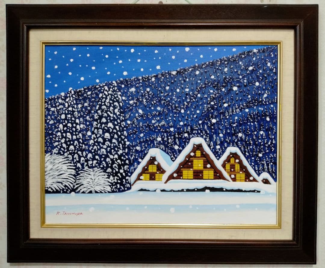 ★雪降る夜の白川郷・肉筆油彩画・F6キャンバス