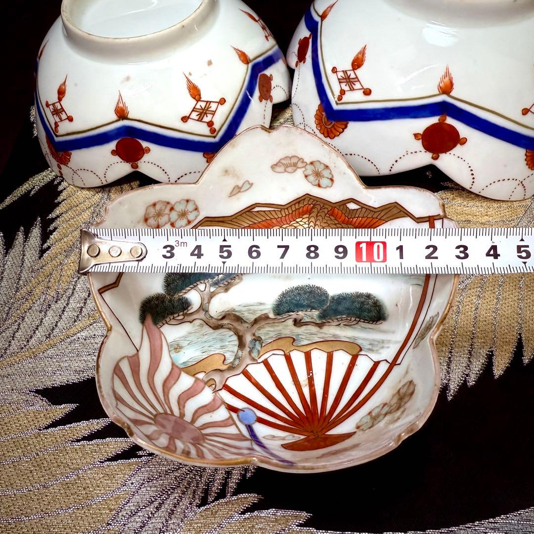 有田焼　古伊万里　松鶴山水絵花形　手描き　皿　3客　セット　江戸中期