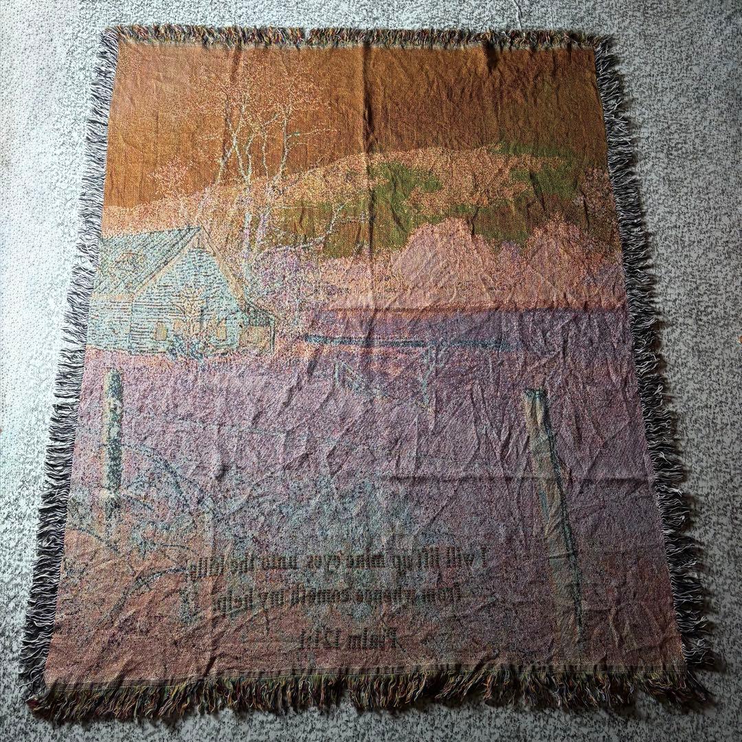 【90sオールド】風景画　フリンジ付き　ヴィンテージラグ　タペストリー