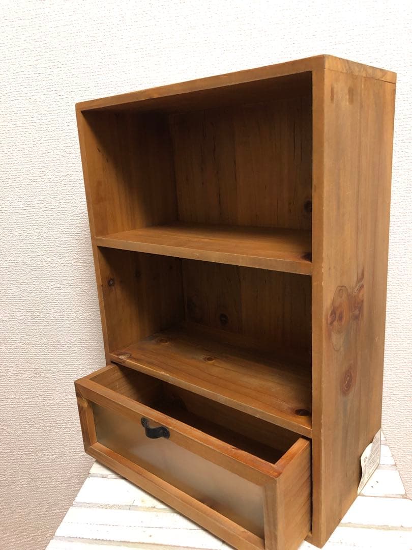 新品未使用！！木製ラック 2段収納 ガラス引き出し付き