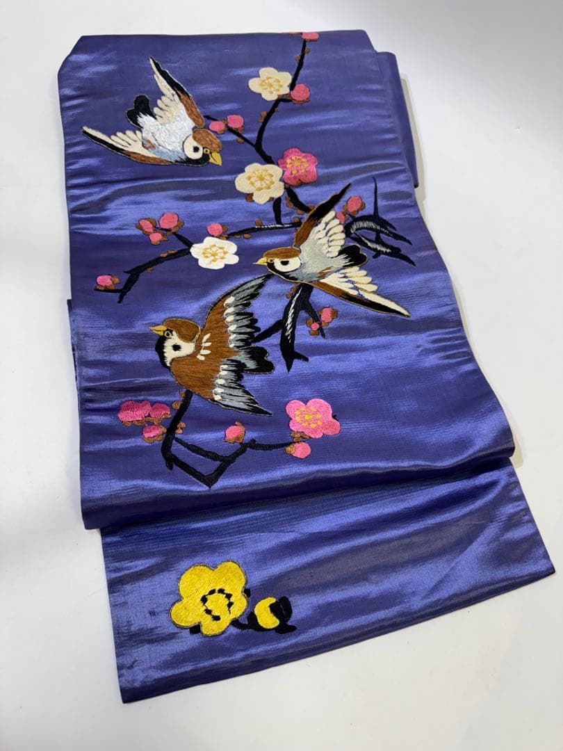 H*N様 雀　スズメ　アンティーク　名古屋帯　刺繍帯　紫　パープル　梅
