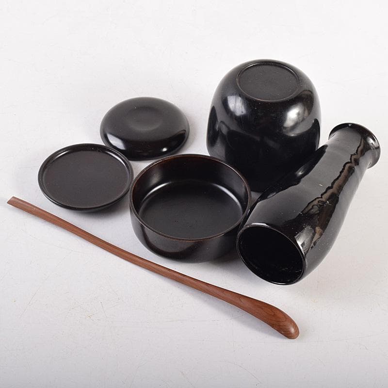 茶道具　鎌倉彫　高台寺文　利休茶箱　黒楽茶碗　振出など　七点一式　M　R8803