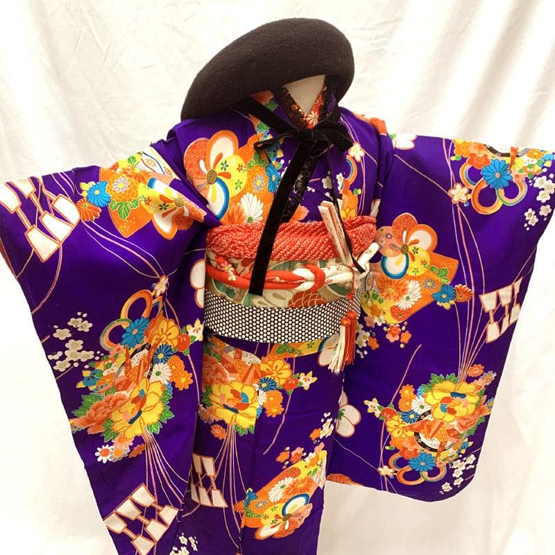 510ag10■七五三 七歳 女児 セミアンティーク着物&丸帯&長襦袢■状態良好