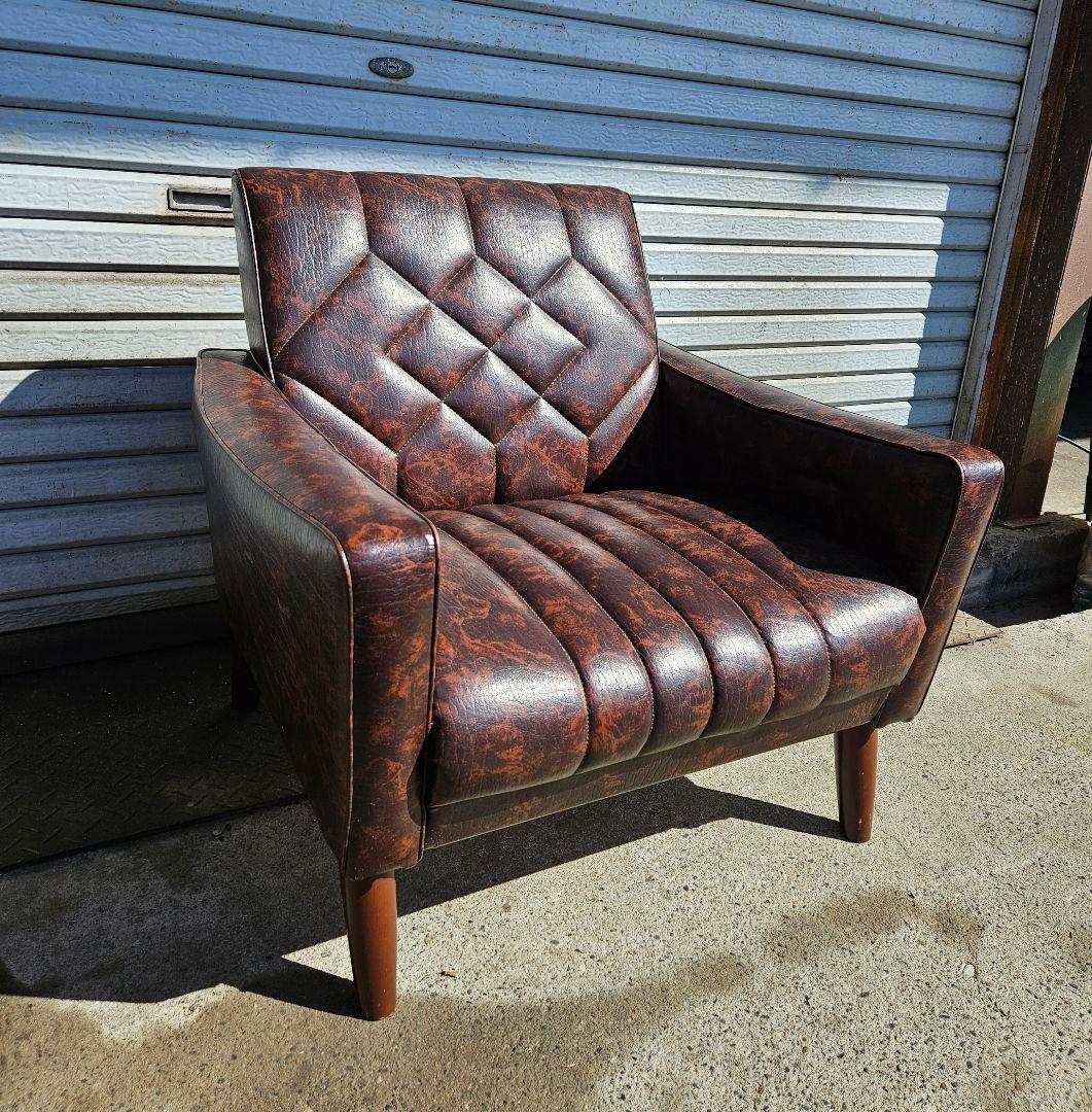 美品☆オールドカリモク 1人掛け ソファ 1Pソファー マーブル柄 PVC