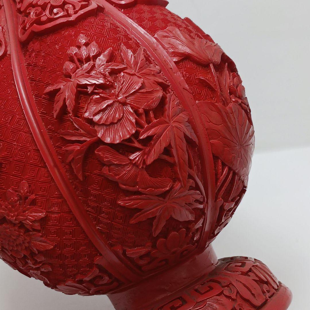 Y2551 中国 堆朱 6面花図 花瓶 高さ31.5㎝