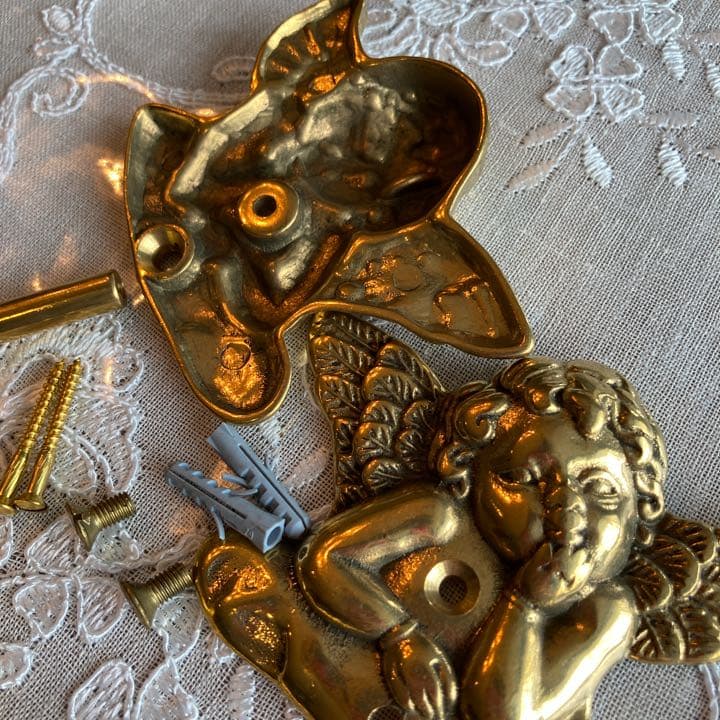 イタリア製真鍮エンジェル天使の壁掛けタオルハンガー小 アンティーク調キルト掛け