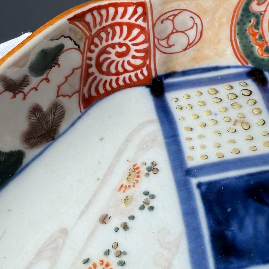 古伊万里　色絵幾何学文木瓜形皿　五客　裏文様有　巻物　宝珠　幕末〜明治期