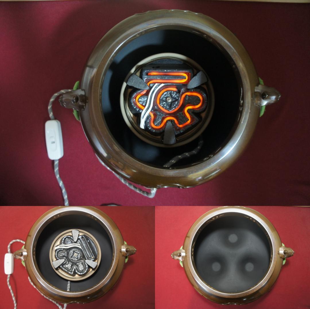 ☆美品 国宝経典作 真形釜添え唐銅鬼面風炉 唐銅蓋 釜鐶 電熱器他送料込み