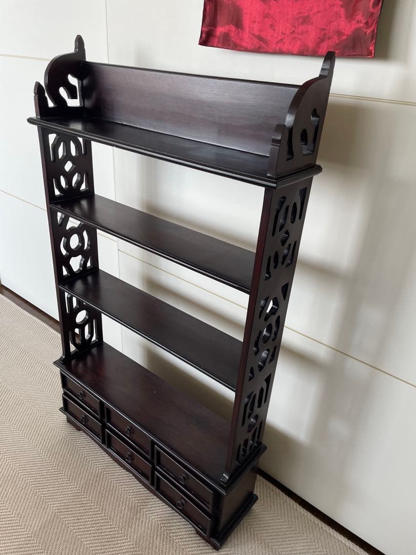 ダークブラウン木製シェルフ 4段 6引き出し