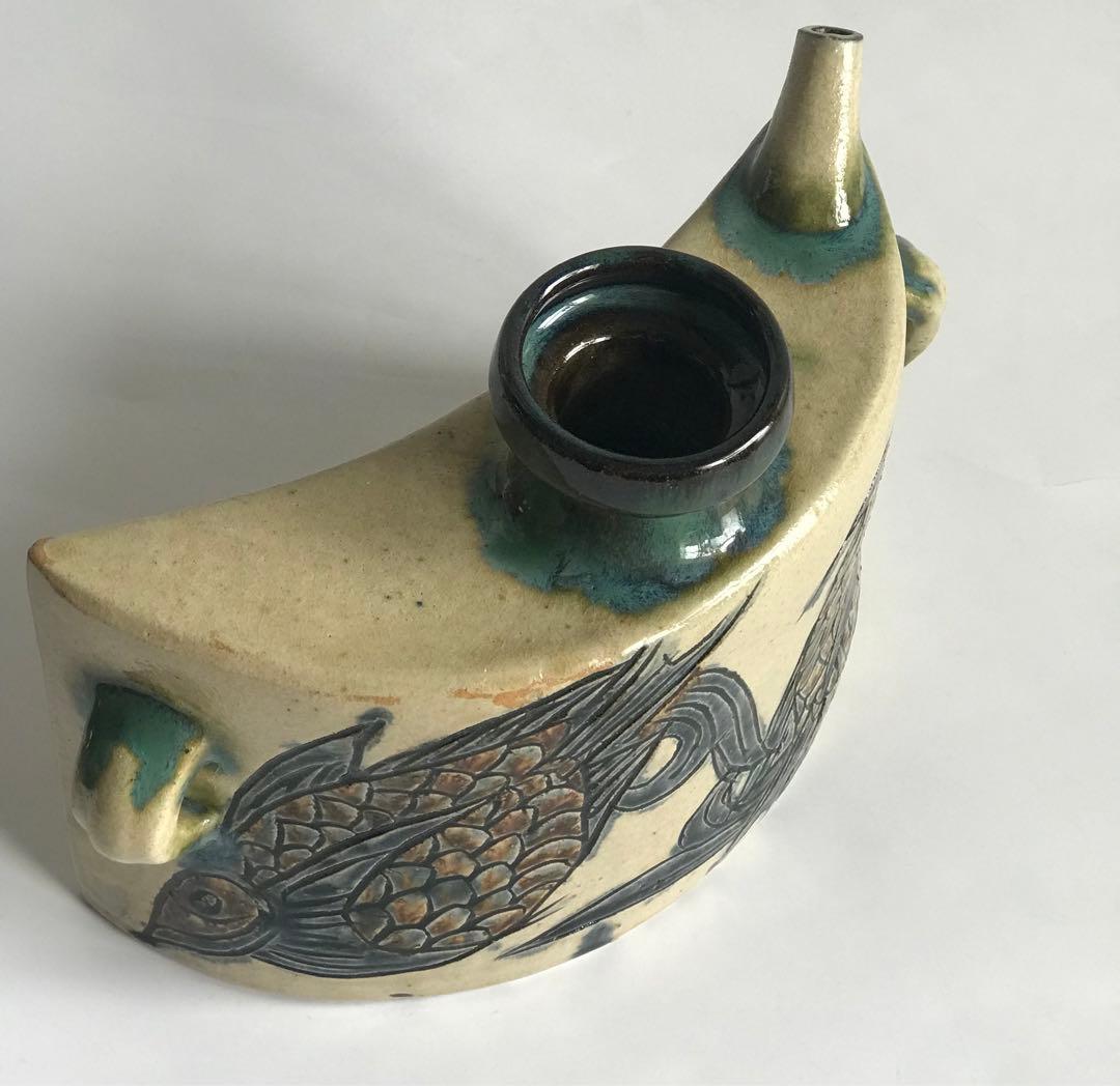 人間国宝 琉球 壺屋焼 金城次郎 魚文　抱瓶　陶器 沖縄 民藝