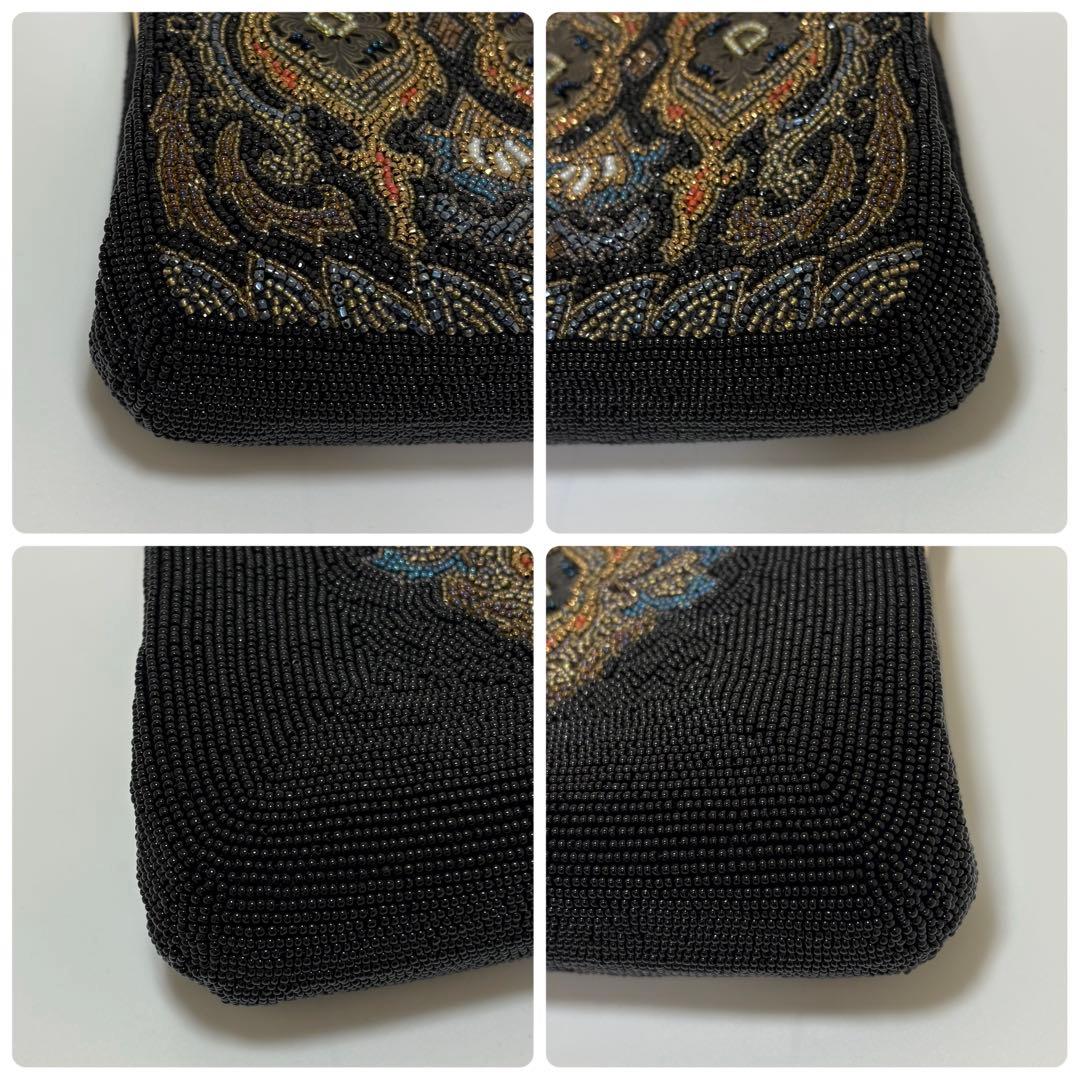 美品　柏ビーズ　ハンドバッグ　和装バッグ　総ビーズ　がま口　ゴールド金具　黒