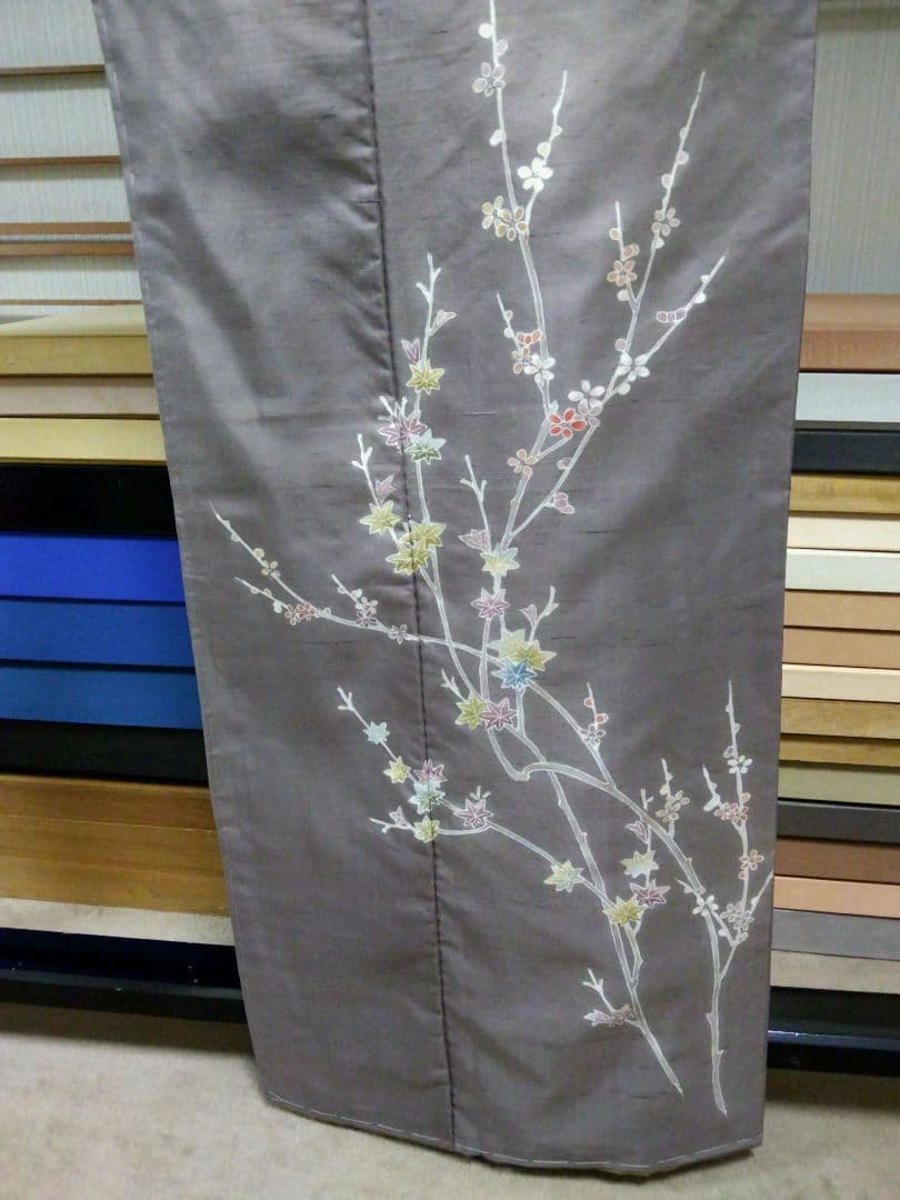 F-288 生紬地付け下げ 未使用 袷 枝花 楓 グレー系紫色 美品