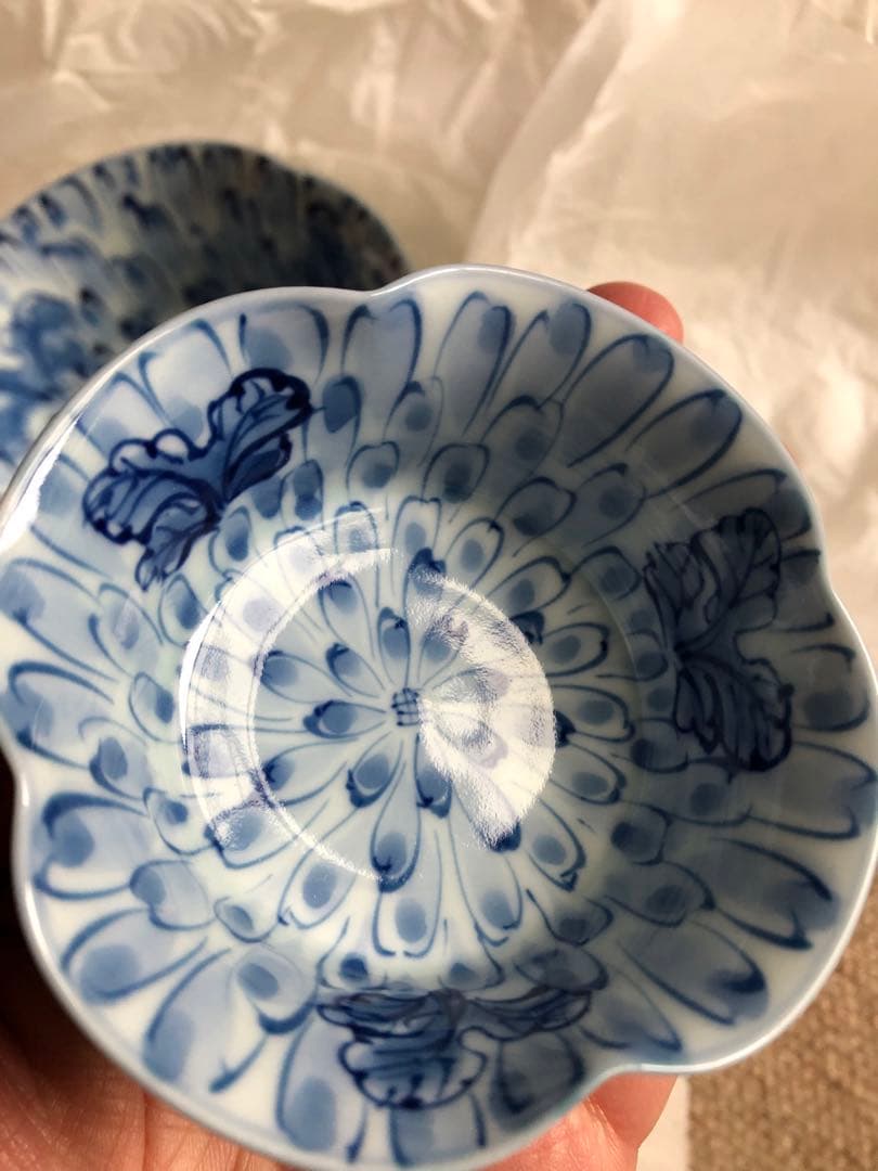 有田名窯 文山窯 染付 菊割紋 向附と千代口 ５セット 共箱入