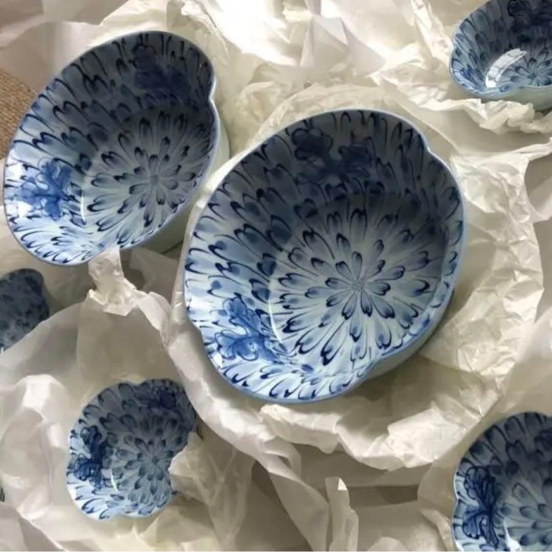 有田名窯 文山窯 染付 菊割紋 向附と千代口 ５セット 共箱入