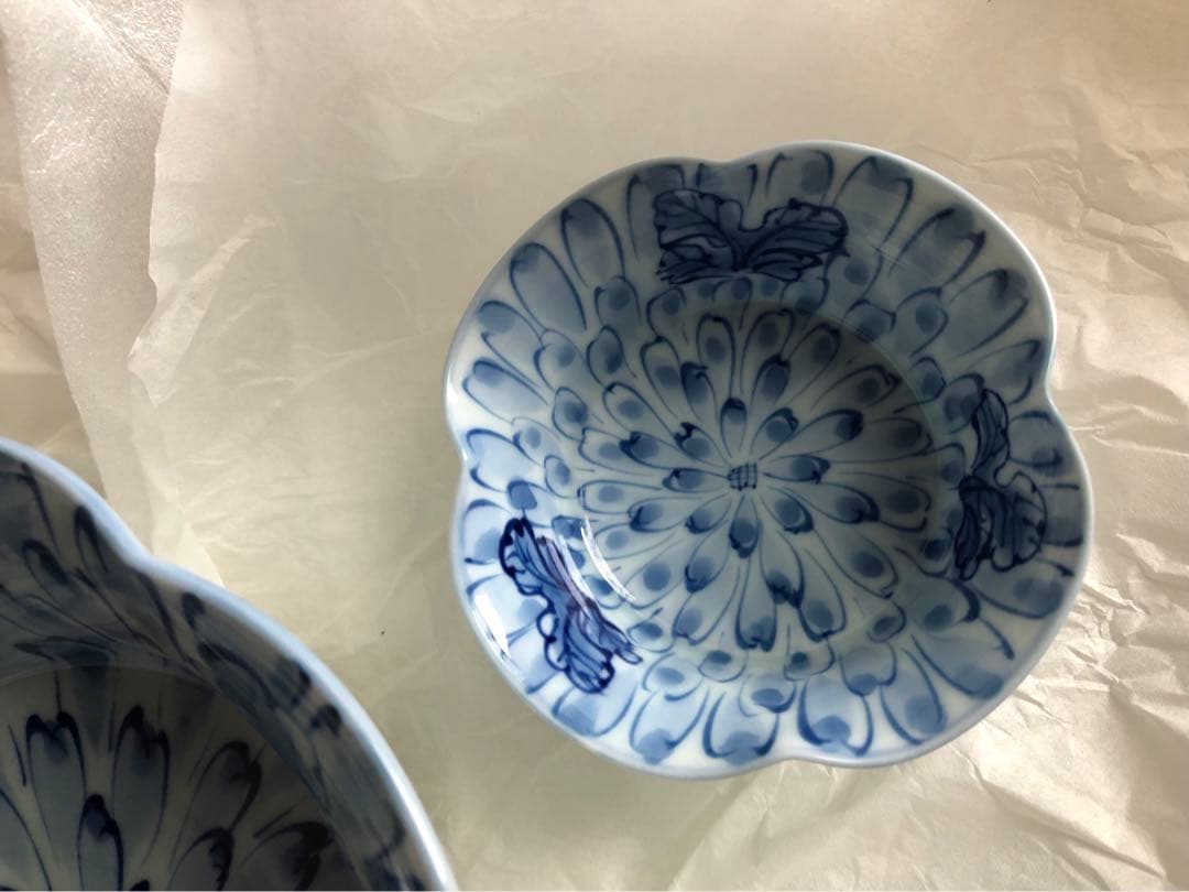 有田名窯 文山窯 染付 菊割紋 向附と千代口 ５セット 共箱入