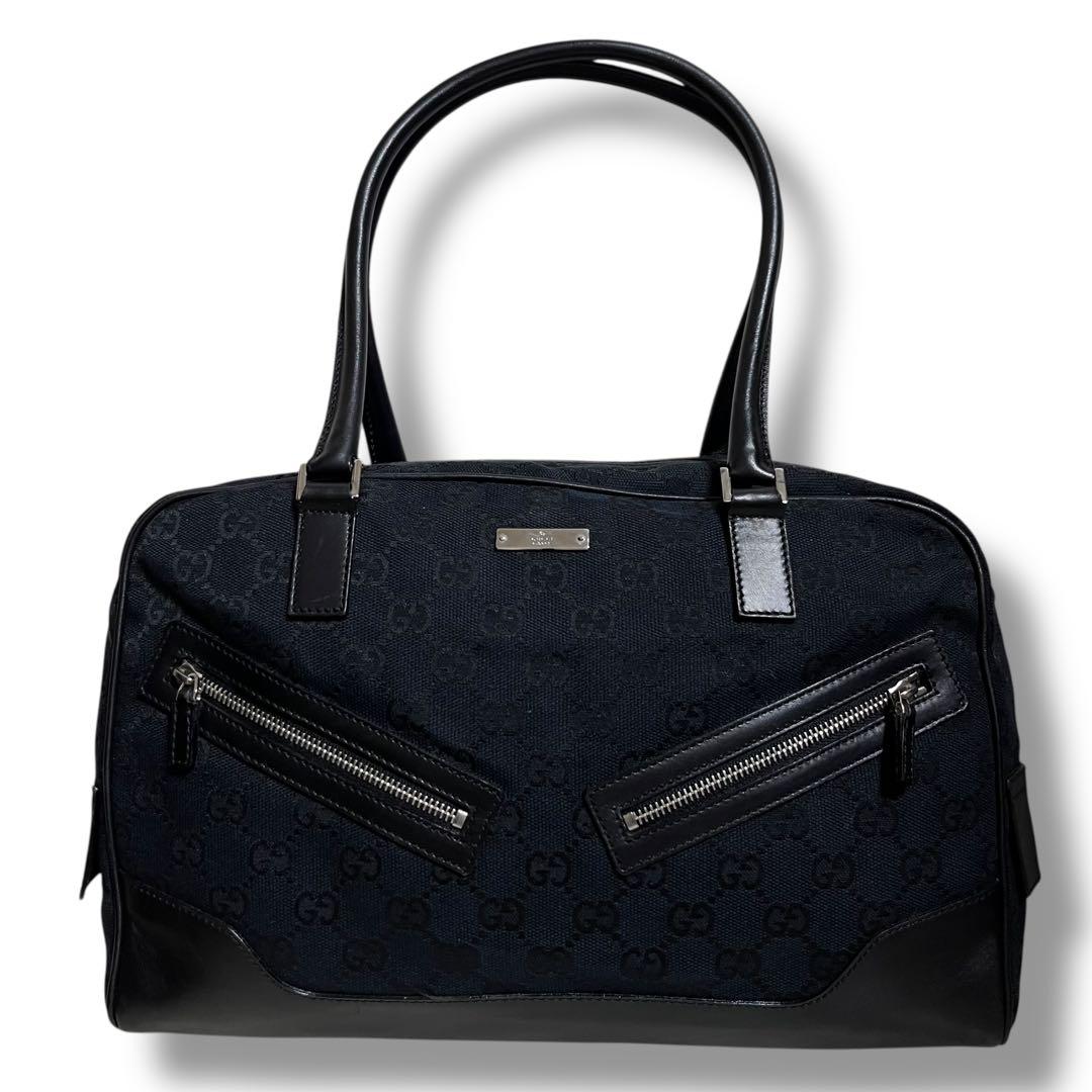 Gucci 黒 キャンバス レザー ハンドバッグ