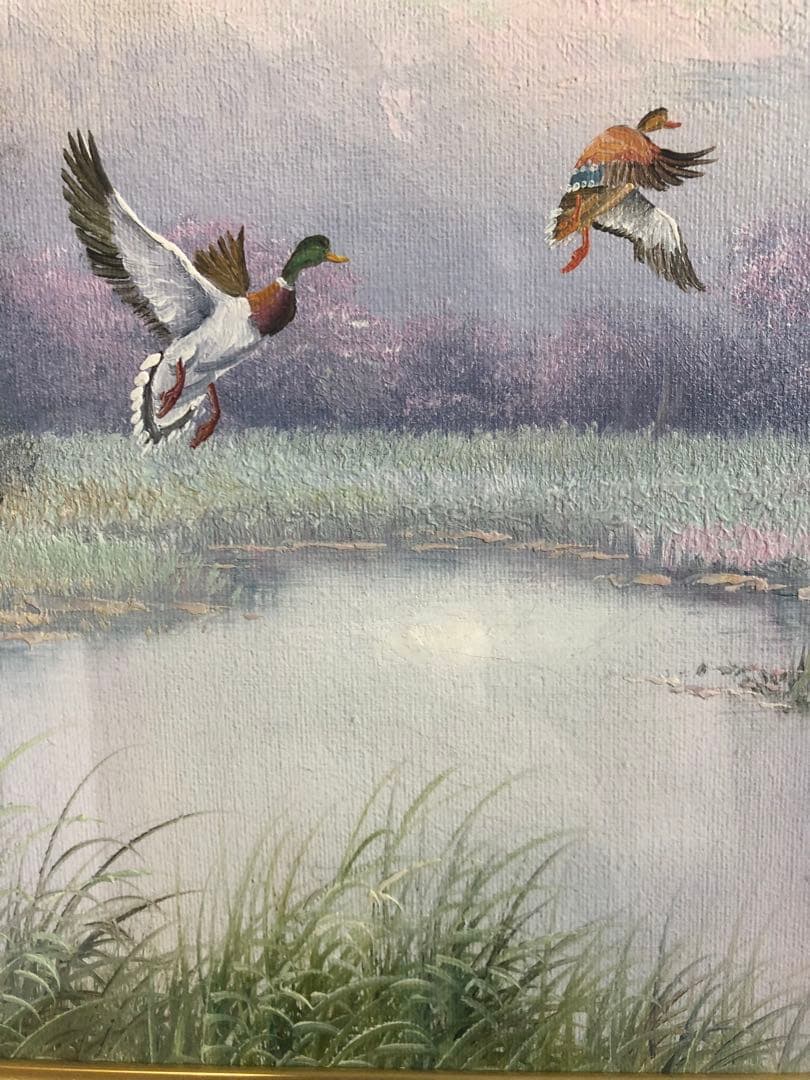 絵画　風景画　 湖畔　鴨　インテリア　額　パステルカラー　ほとり