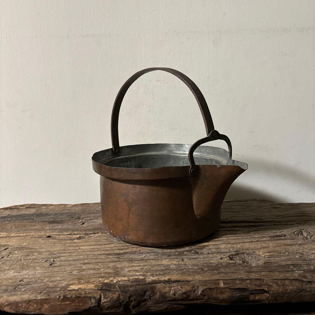 シャビー　古い片口銅鍋　⑥ コッパーケトル　片口　ガーデニング　古道具　検:李朝
