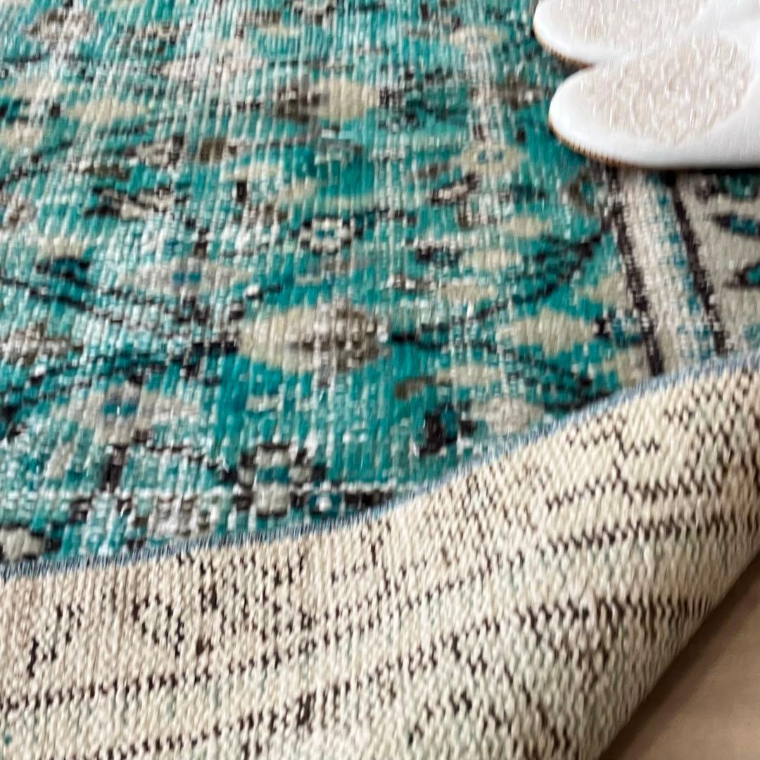 スカイブルー✳︎91×192✳︎ペールグレー　満載フラワー　トルコヴィンテージラグ