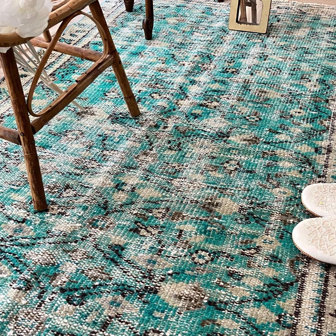 スカイブルー✳︎91×192✳︎ペールグレー　満載フラワー　トルコヴィンテージラグ