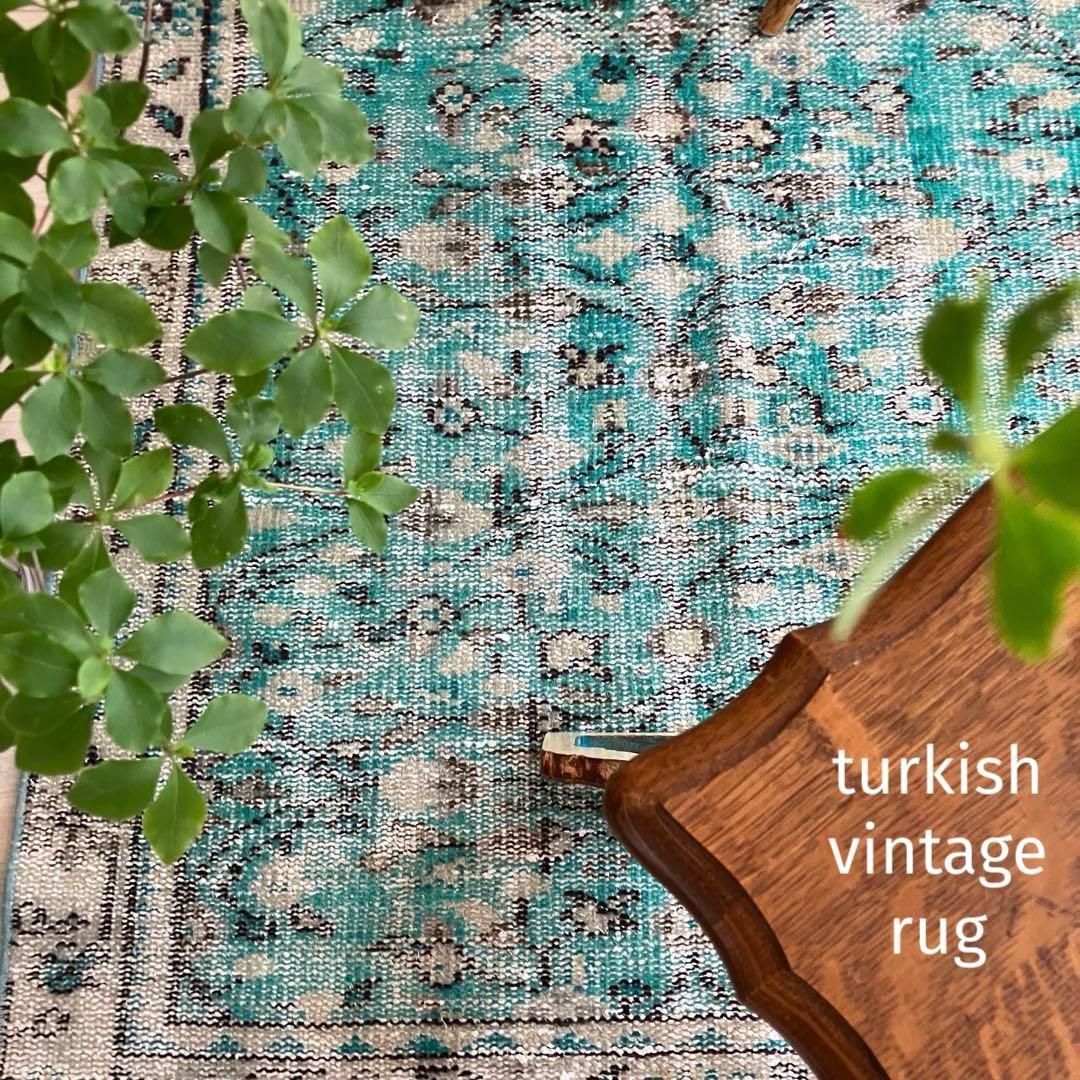 スカイブルー✳︎91×192✳︎ペールグレー　満載フラワー　トルコヴィンテージラグ