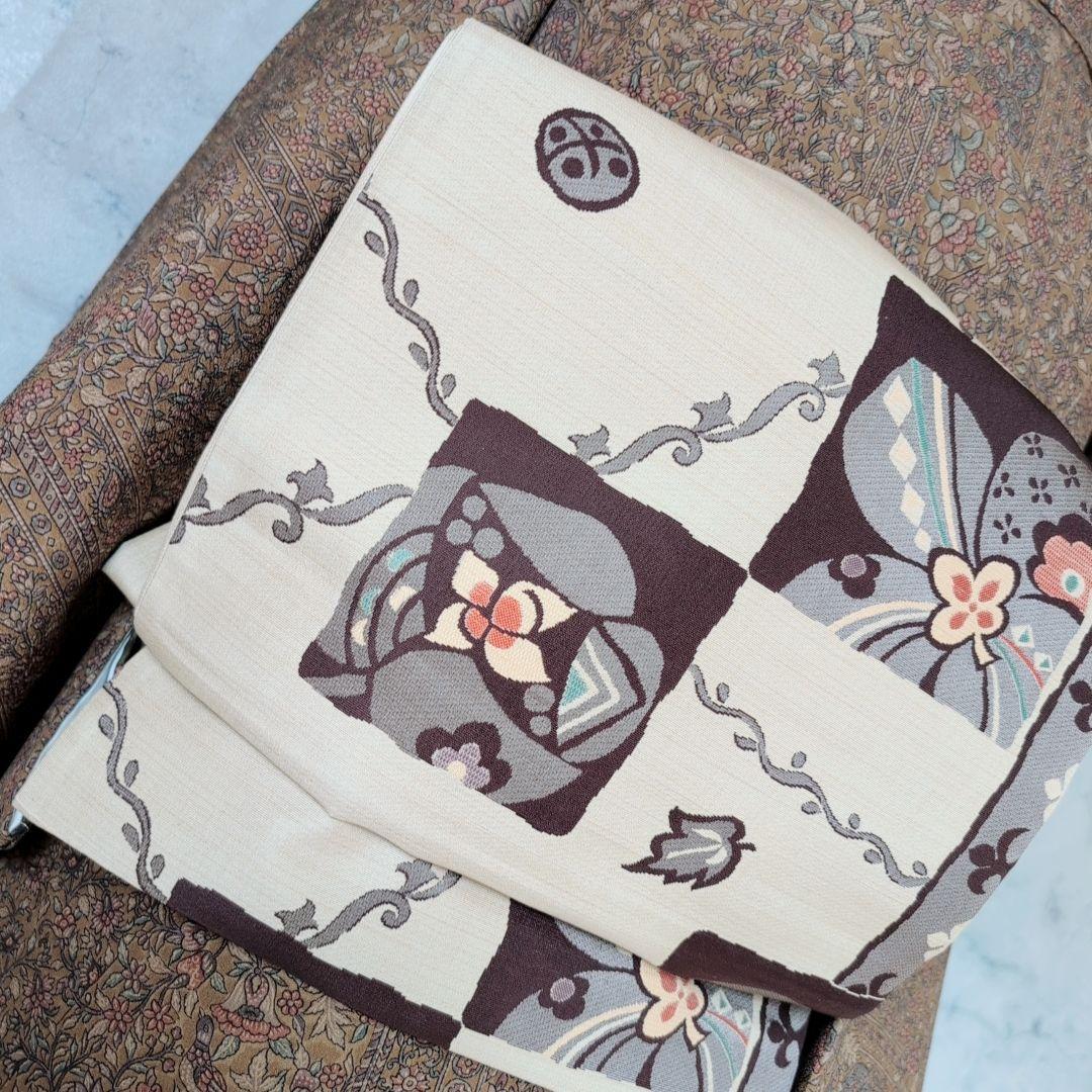 小紋付け下げ　フルセット　着物　正絹　ブラウン　深緑　更紗　花　しつけ糸　F6