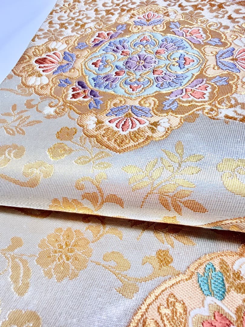 高級 袋帯 正絹 六通柄 西陣織 花文様 ゴールド 唐織 訪問着 色無地 留袖