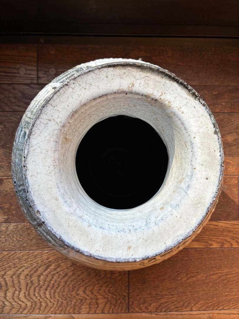 【大迫力】現代作家物 白釉 鉄絵 大壺 花器 34cm 銘あり 壺 陶芸