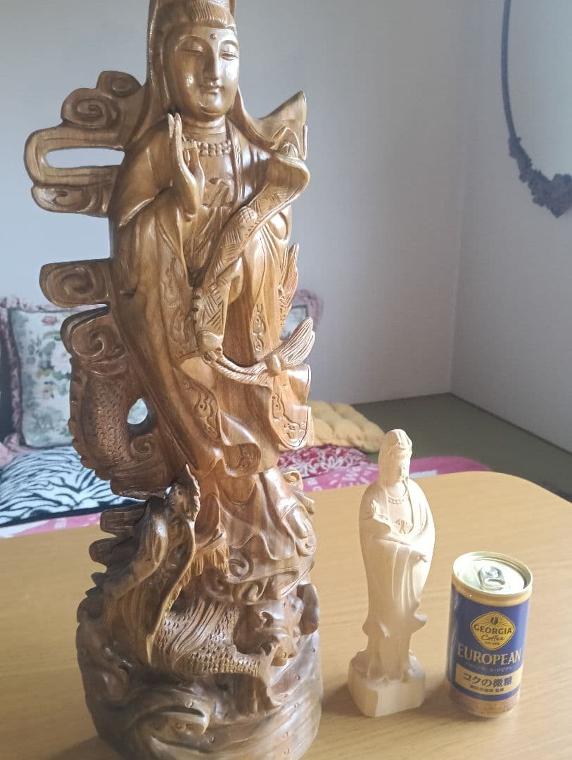 ☆【掘り出し物】☆龍上如意観音と小さな菩薩、ともに木彫り