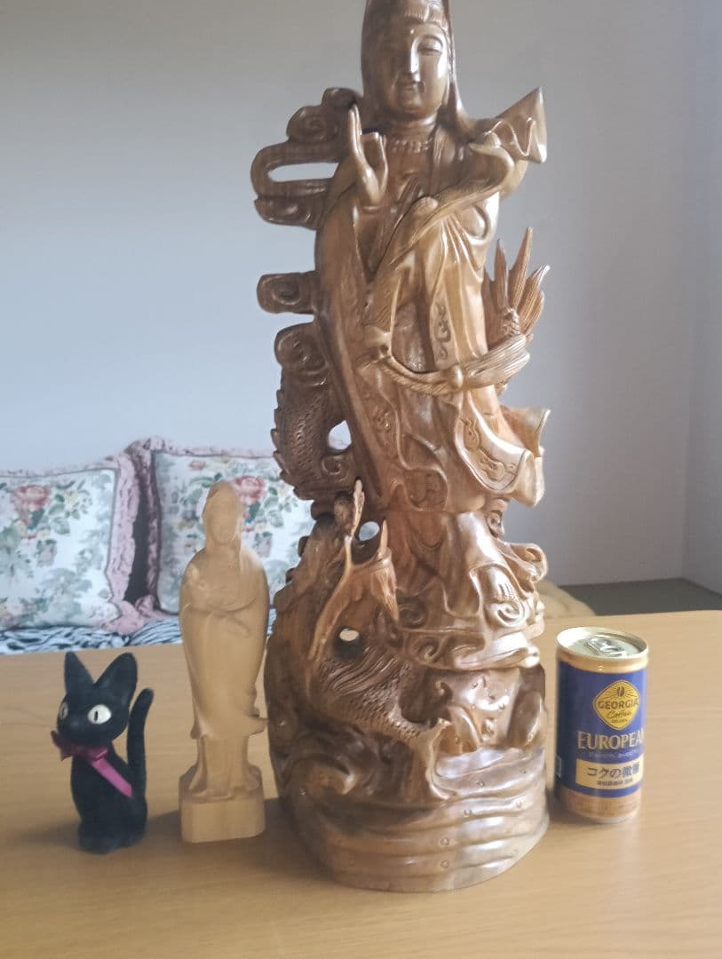 ☆【掘り出し物】☆龍上如意観音と小さな菩薩、ともに木彫り