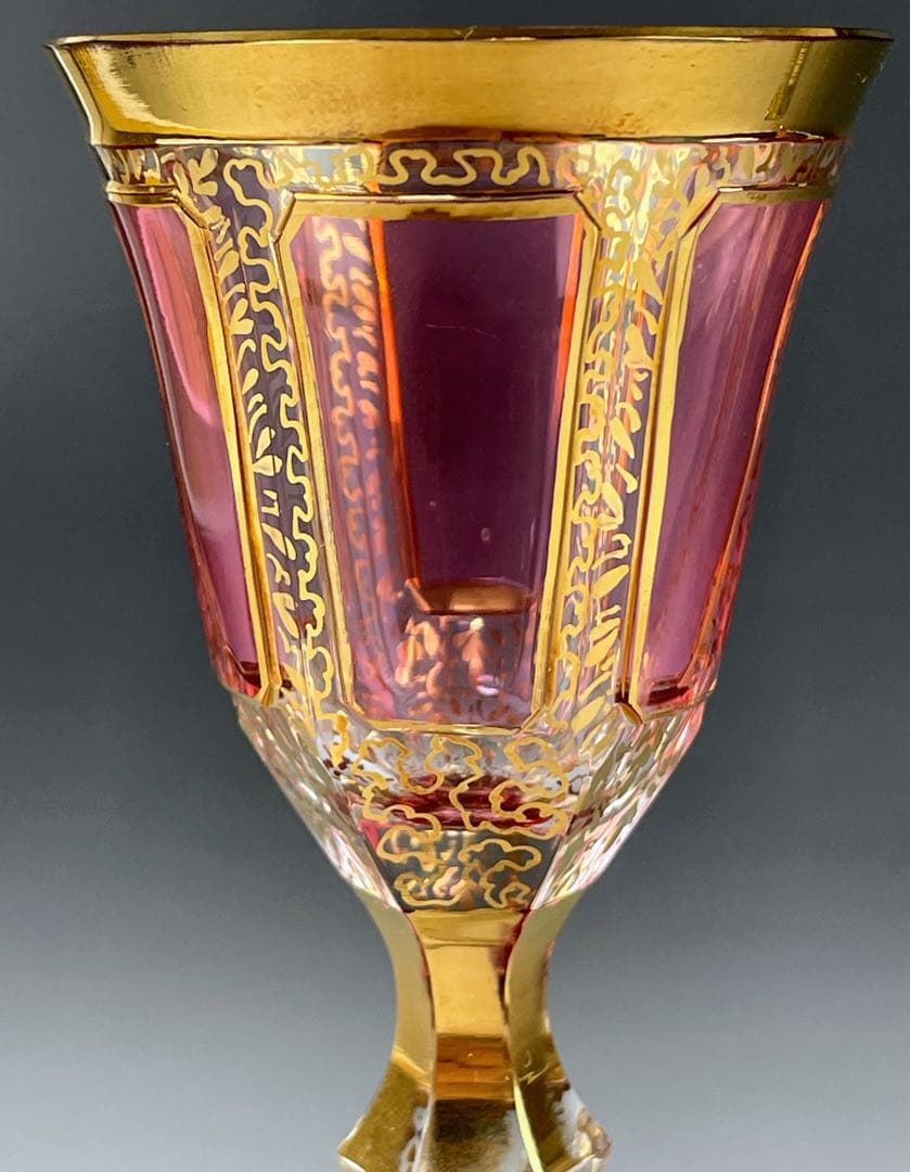 ボヘミア パネルグラス ２個セット クランベリー被せ ワイングラス クサック