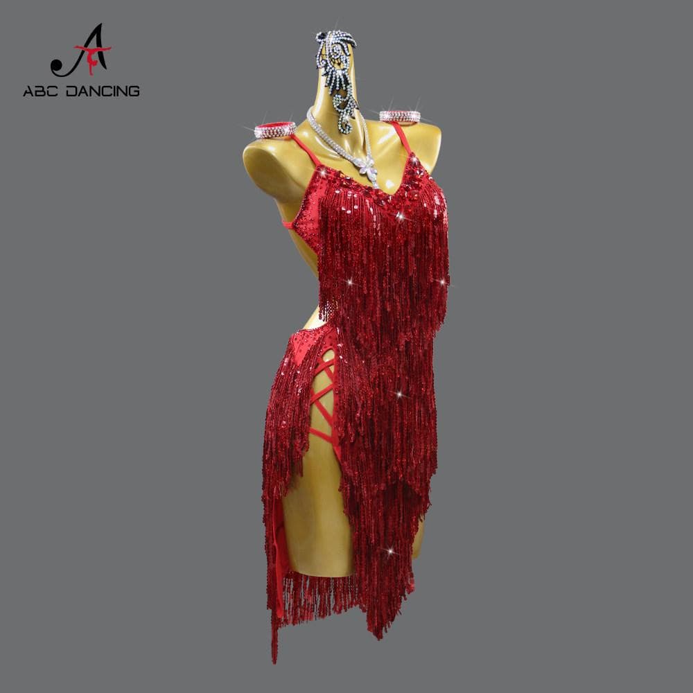 社交ダンス衣装ラテンドレスレッドキラキラスパンコール競技会デモ