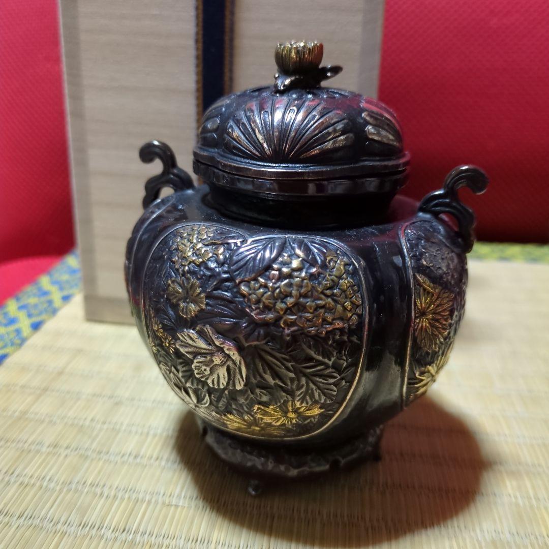 高岡銅器 香炉 花彫刻 桐箱付