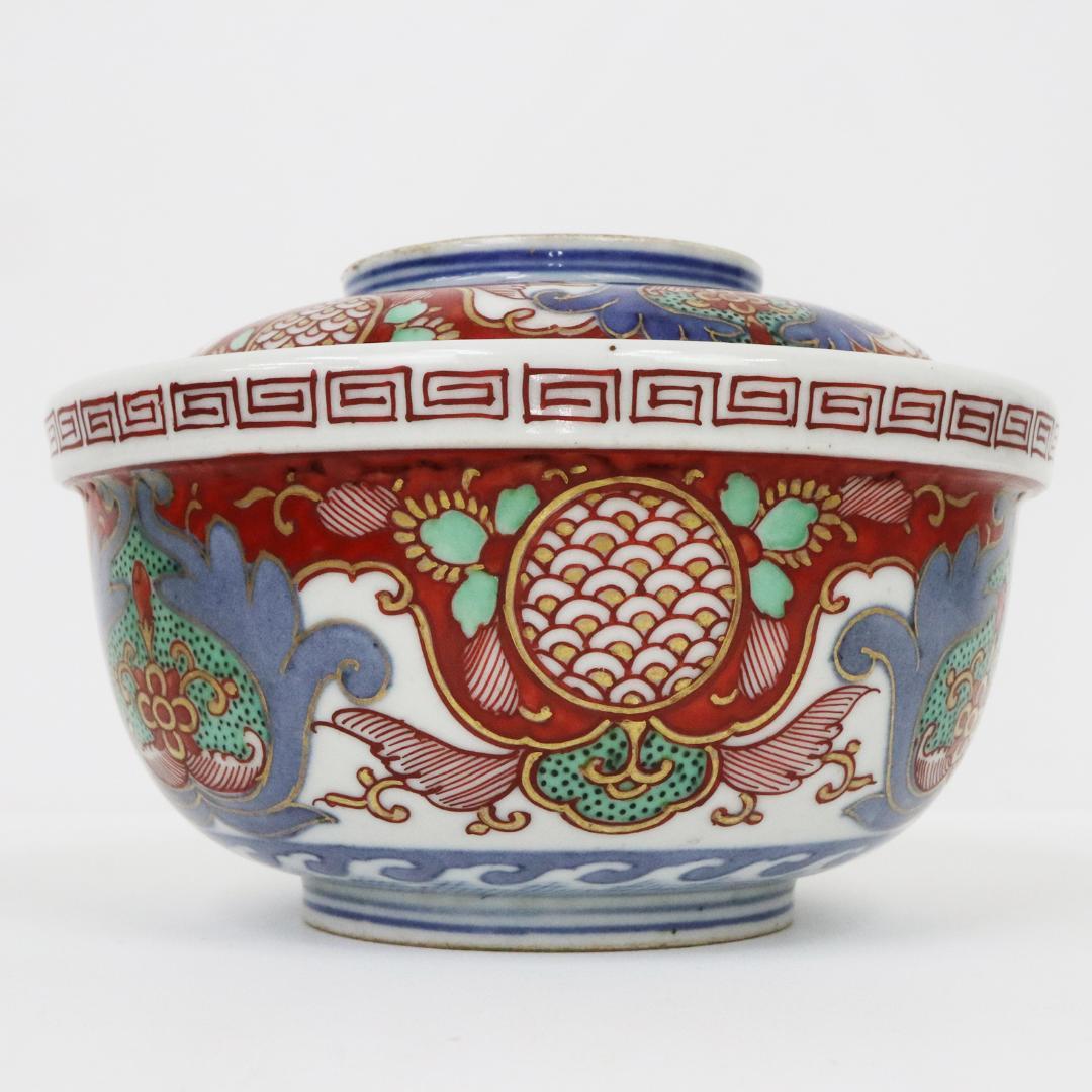 冨貴長春　蓋付茶碗　錦絵 染付 金彩 古伊万里　7客　吉祥　1客に金継ぎ有り