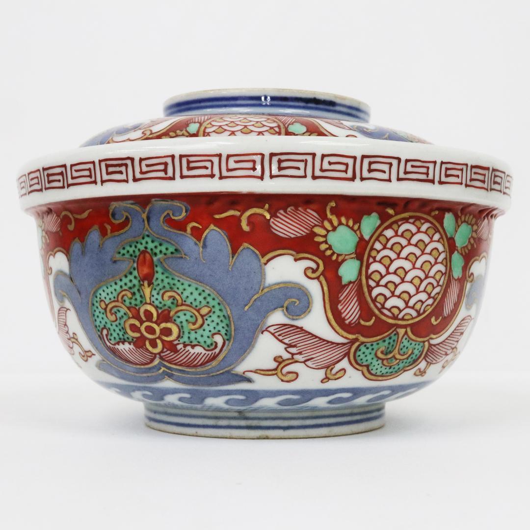 冨貴長春　蓋付茶碗　錦絵 染付 金彩 古伊万里　7客　吉祥　1客に金継ぎ有り