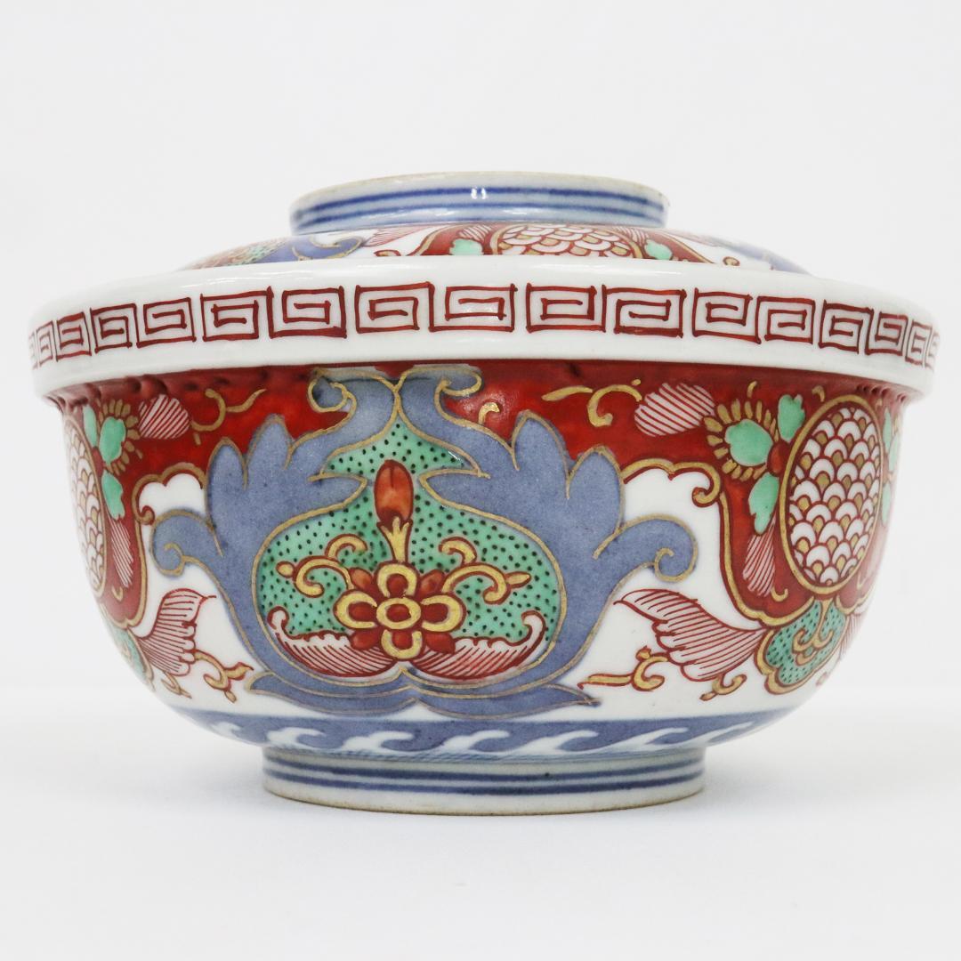 冨貴長春　蓋付茶碗　錦絵 染付 金彩 古伊万里　7客　吉祥　1客に金継ぎ有り