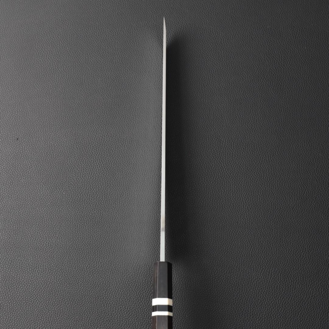 10082ダマスカス 先丸包丁 尺 海流紋 105層 黒檀黒水牛角白三本巻八角柄