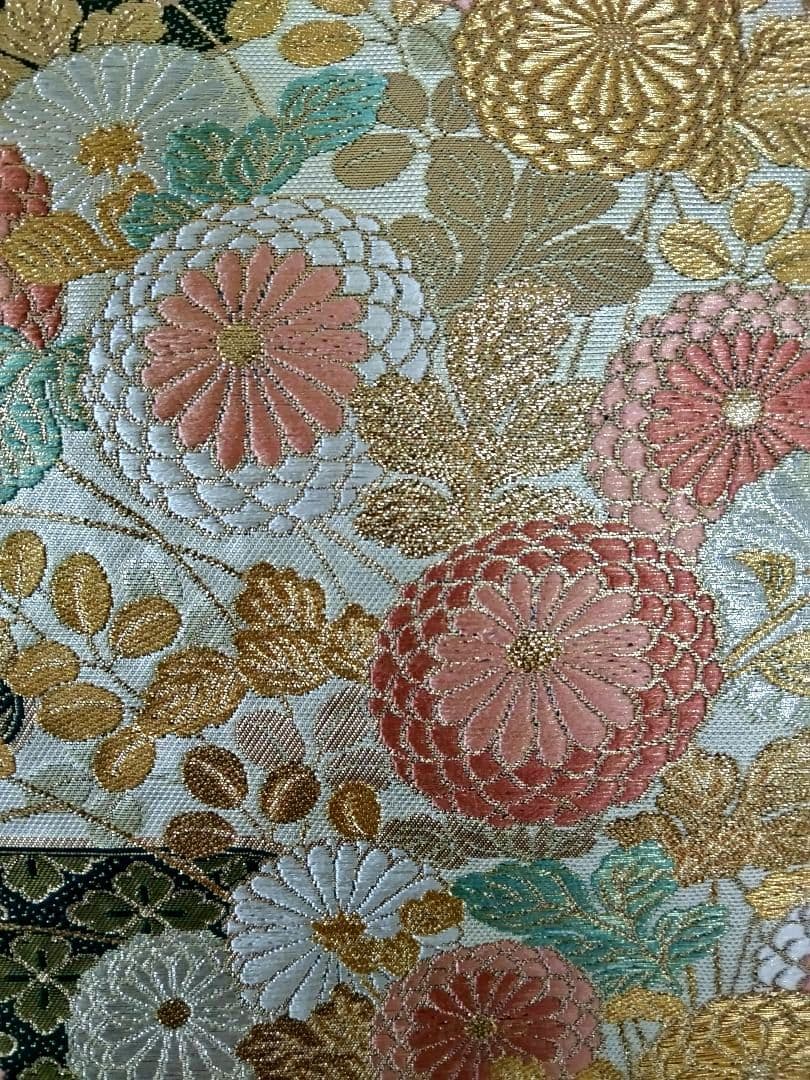 O-294 西陣袋帯 六通 菊 花菱 萩 秋草霞蒔絵文様 金銀糸箔 美品