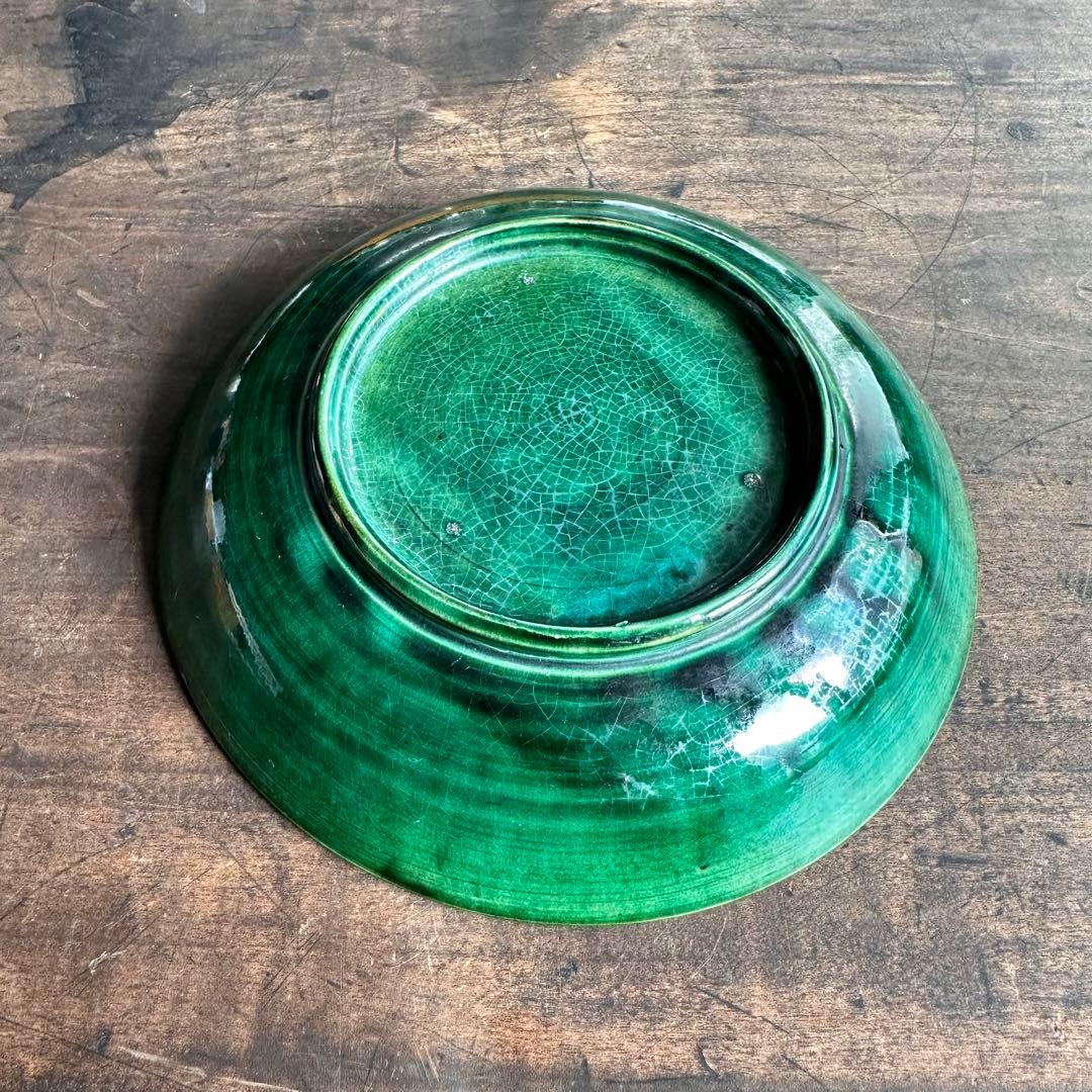 【希少!】　珉平焼　緑釉　蓮池水禽図　陰刻皿　緑陰刻　草紋皿　骨董　古陶