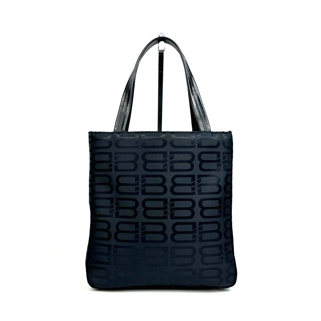 【美品】バレンシアガ　ハンドバッグ　BB　総柄　シルバー金具　ナイロン　レザー