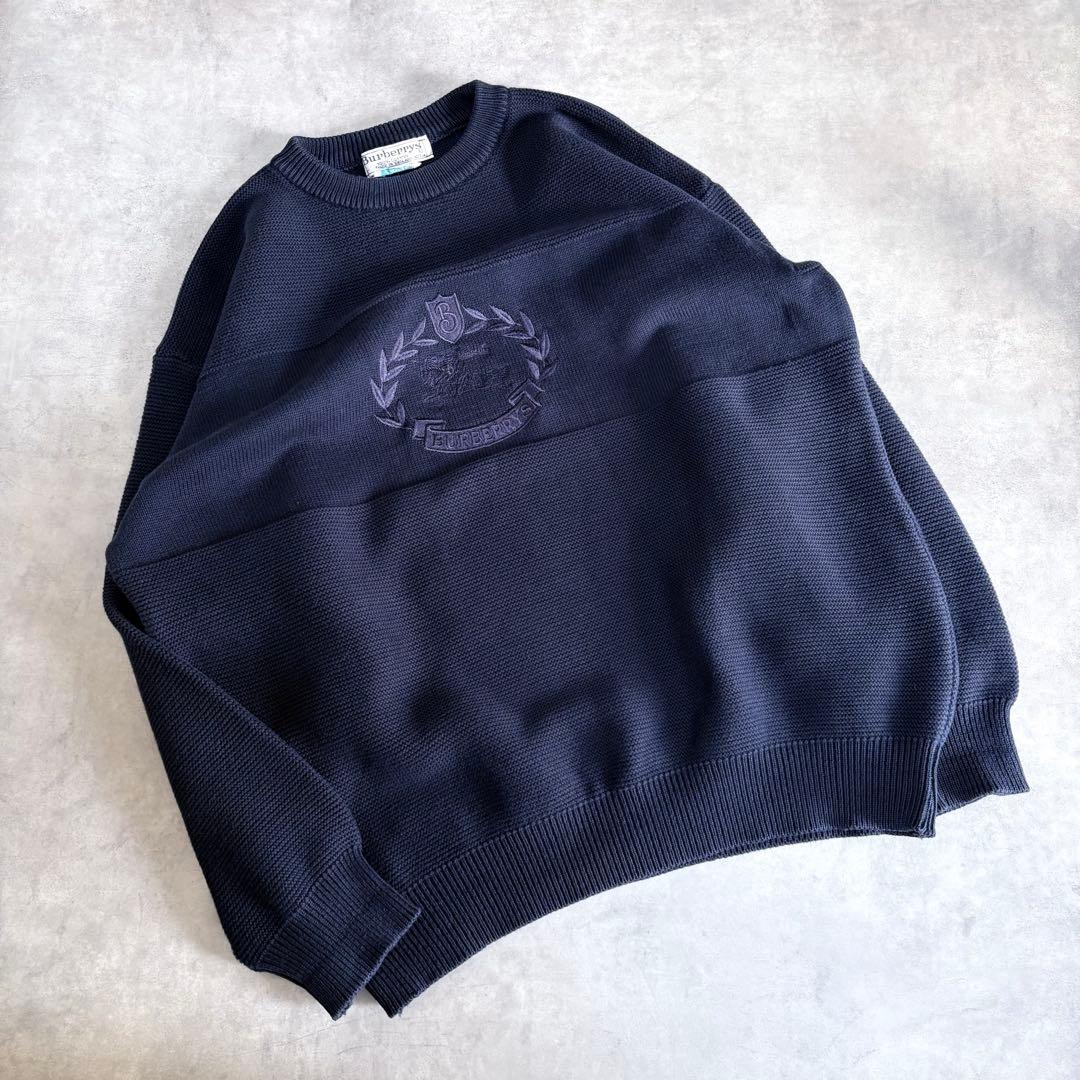 Burberrys 英国製 クレスト刺繍 ホースロゴ コットンニット ネイビー