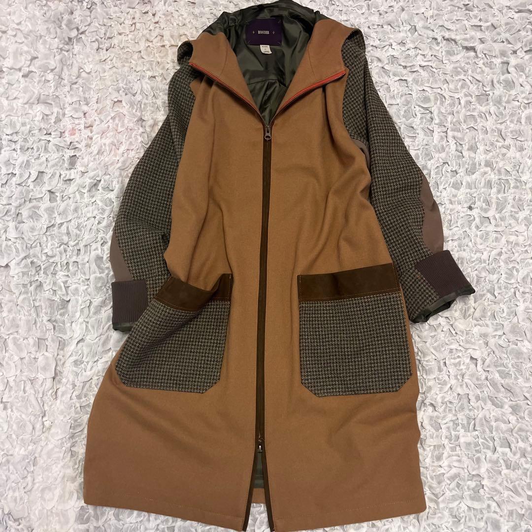 美品【ROSIER ロジエ】日本製 異素材MIX 切り替え コート フード 茶