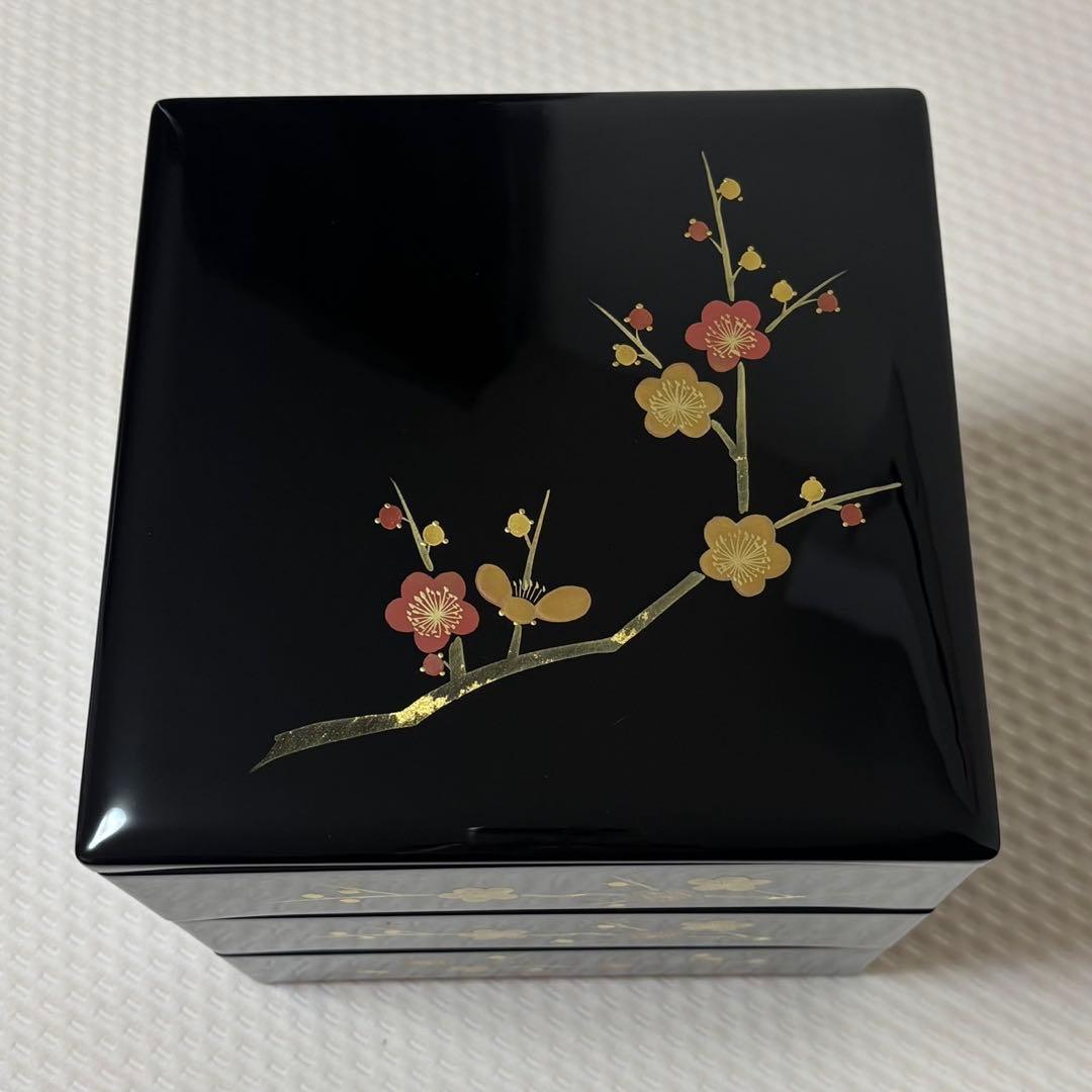 木製漆器　3段重箱　焼金　蒔絵　枝梅　6.5寸　会津ぬ里