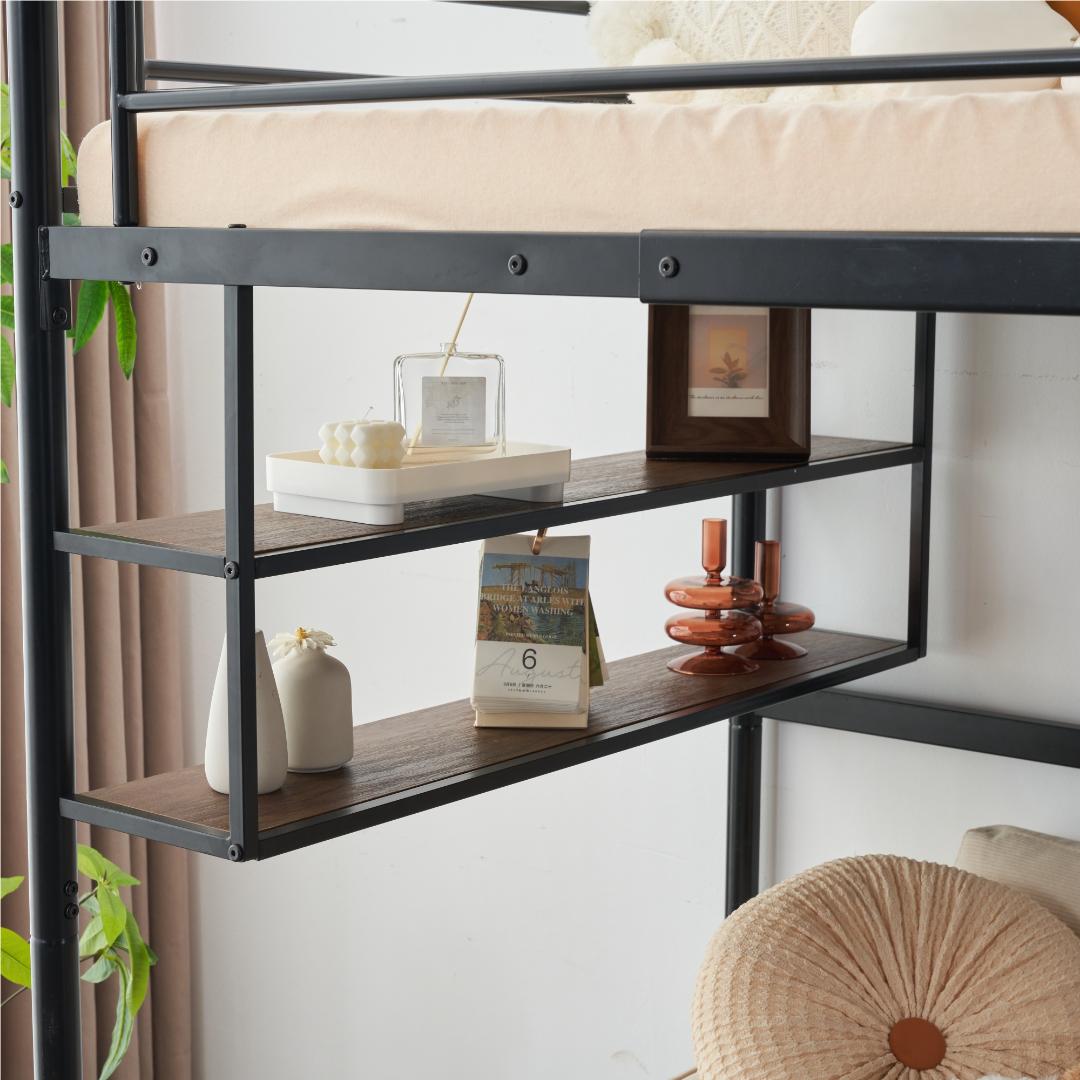 超人気！ロフトベッド パイプベッド サイド棚付　子供部屋 耐震 BLACK