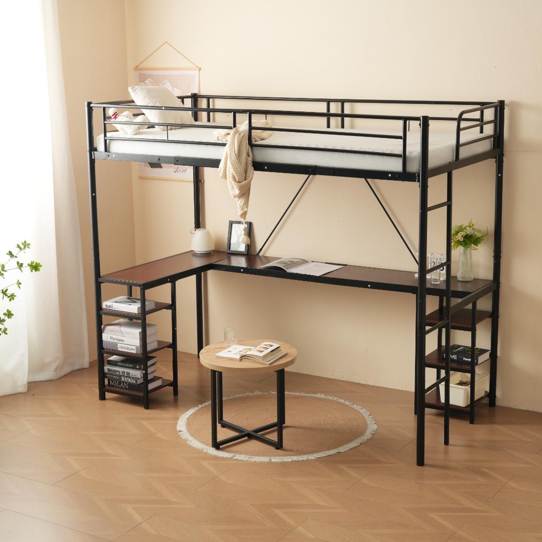 ロフトベッド パイプベッド シングル デスク付き 収納棚 ハシゴ付き 左右入れ替