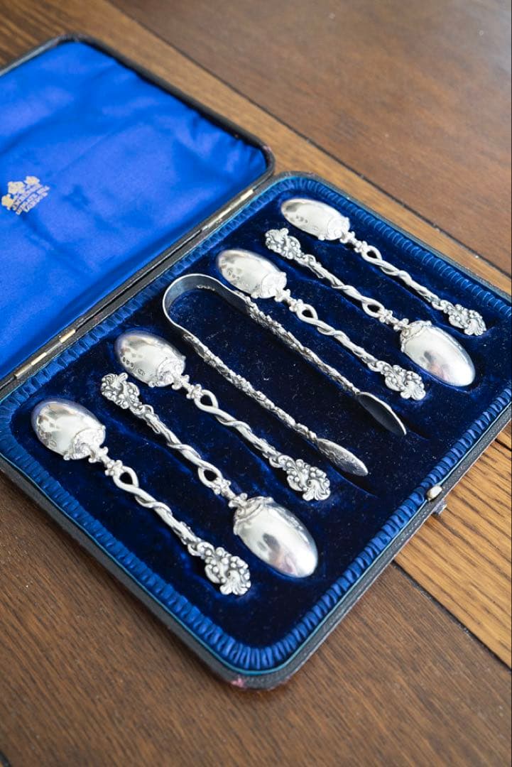 名品 英国アンティーク ヴィクトリア時代 純銀製 自然主義スプーン＆トング