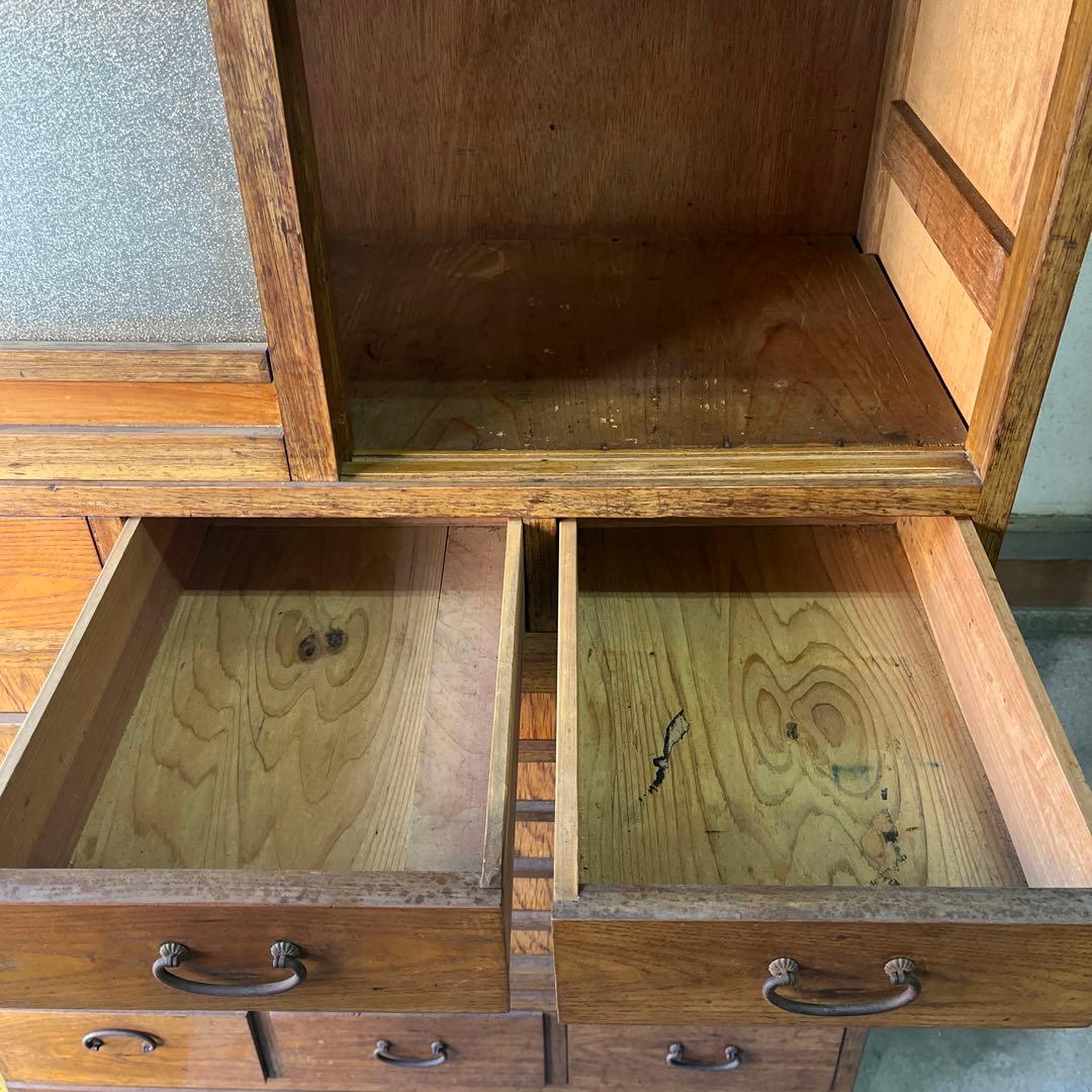 水屋箪笥 昭和初期 ガラス扉 キャビネット 引き出し三杯