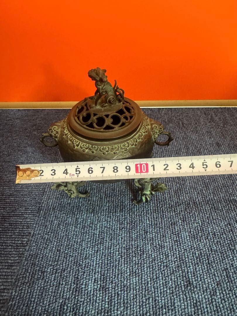 1817 高岡銅器　須賀七郎作　月芳　蝋型鋳銅　三獅子　香炉　時代物