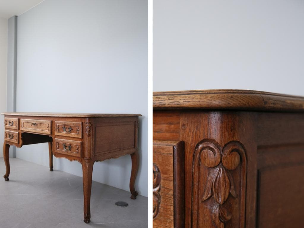 フランスアンティーク猫脚の両袖デスク/勉強机/木製テーブル/作業台(90-147